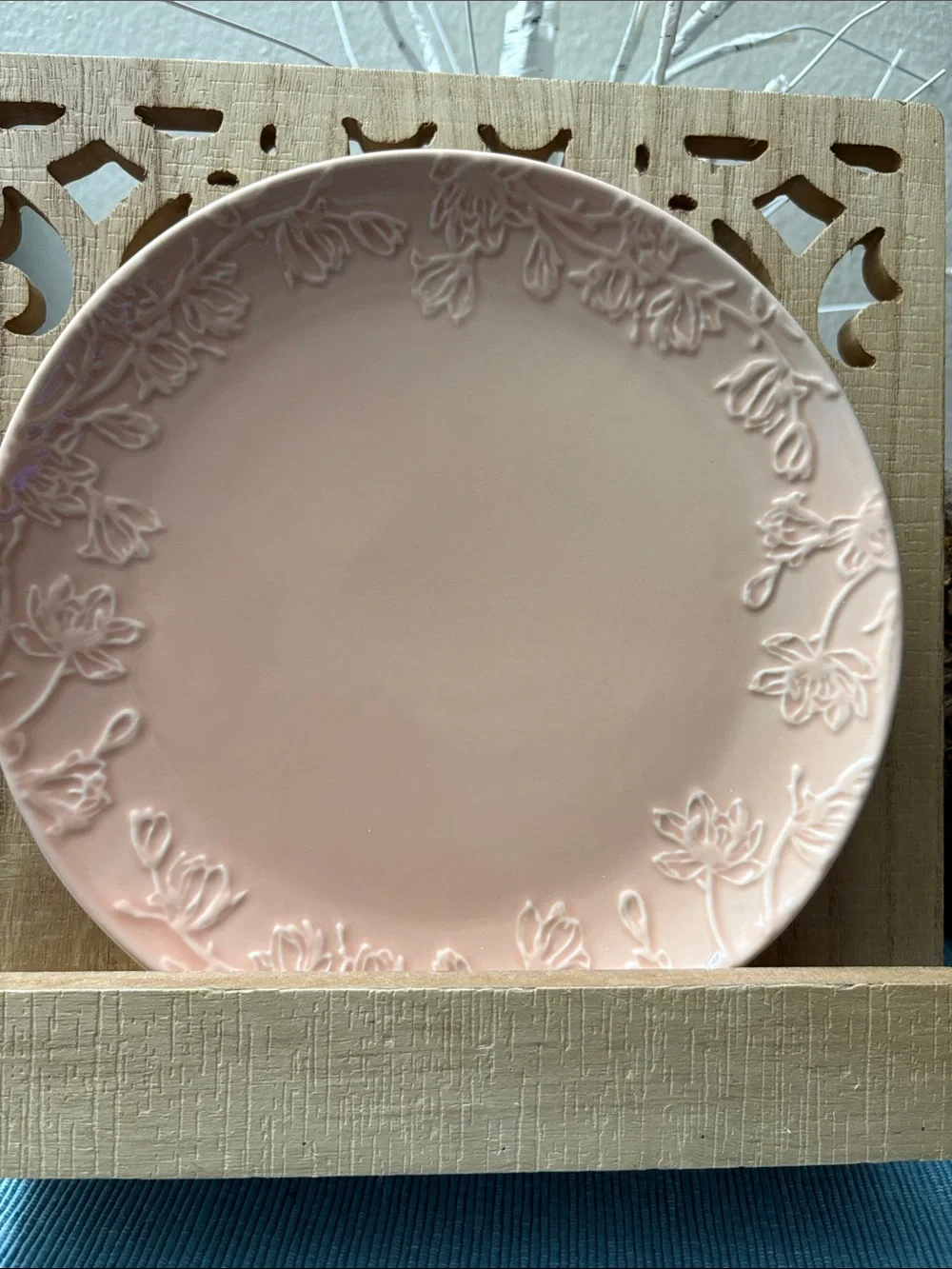 Blush Pink Floral Embossed Ceramic Dinner Plate with Bible scripture on the back